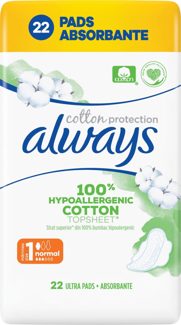 ALWAYS COTTON PROTECTION SIZE 1 NORMAL ULTRA PADS 22TMX